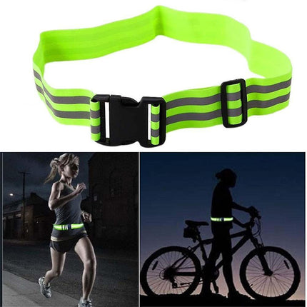 Neon green reflective waist belt with black buckle and gray stripe reflector bands