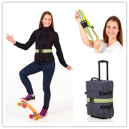 Neon green reflective belt worn at waist with black adjustment buckle and stripes