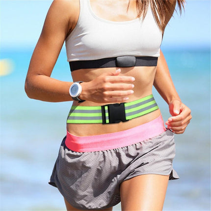 Reflective waist belt with neon green strap, black buckle pad, and gray stripe tape