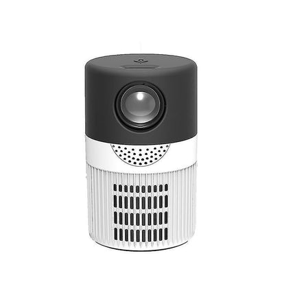 Mini portable projector, black and white with front lens and speaker grille