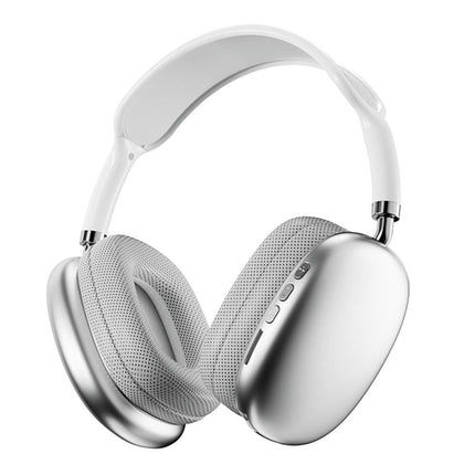 Foldable white and silver over-ear Bluetooth headphones with cushioned earcups