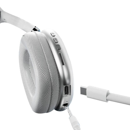 White over-ear Bluetooth headphones with side controls and charging port