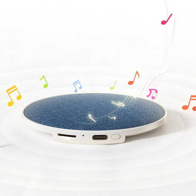 Portable under-pillow sleep speaker, blue fabric top with buttons and ports