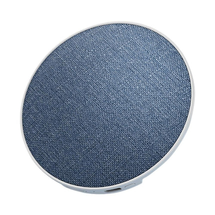 Blue fabric round sleep speaker with white edge and slim control area