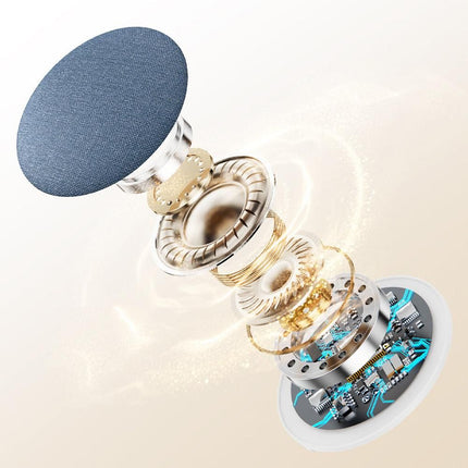 Blue fabric sleep speaker with exposed internal drivers and coiled components