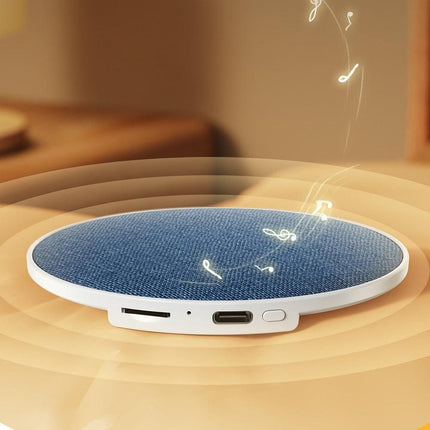 Under-pillow sleep speaker on white base, blue fabric surface