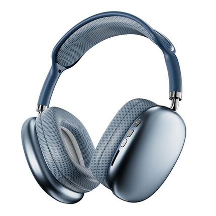 Blue wireless over-ear gaming headset with textured ear cushions and inline controls