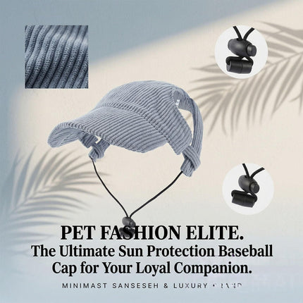 Blue dog baseball cap with ear holes and adjustable drawstring, corduroy texture