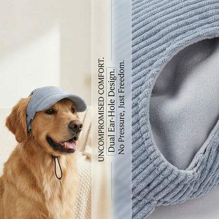 Blue dog cap showing ear-hole opening and soft inner lining