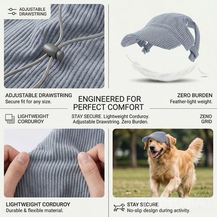 Blue corduroy dog baseball cap with adjustable drawstring and side ear openings