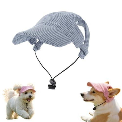 Blue ribbed dog baseball cap with ear holes and adjustable chin drawstring