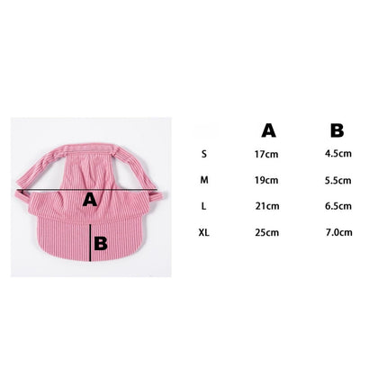 Size chart for pet baseball cap, measurements labeled S to XL (A/B)