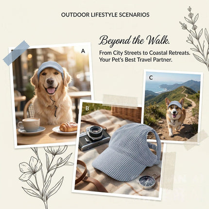 Blue pet baseball cap with ear holes and chin strap, shown worn outdoors