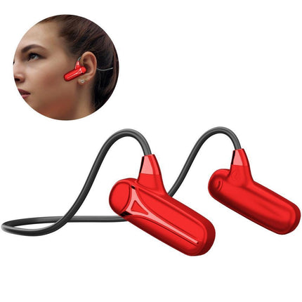 Red open-ear wireless bone conduction headphones with microphone, open-ear on-head view