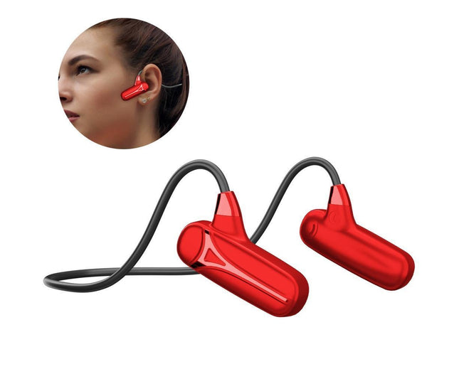 Red open-ear wireless bone conduction headphones with microphone, open-ear on-head view