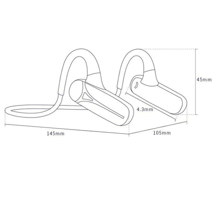 Open-ear wireless bone conduction headphones with microphone, side view with size measurements