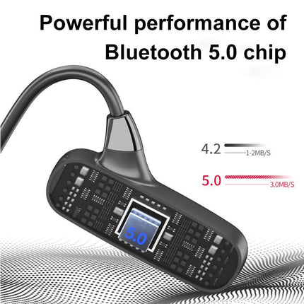 Open-ear wireless bone conduction headphones with microphone, black ear clips and neckband
