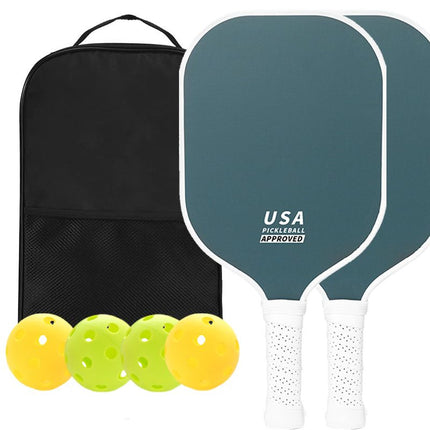 Green pickleball paddle set: 2 racquets, 4 balls, and black carry bag
