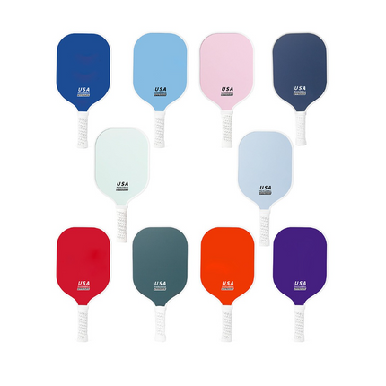 Assorted color pickleball paddles with white textured grips, 8 paddle faces shown