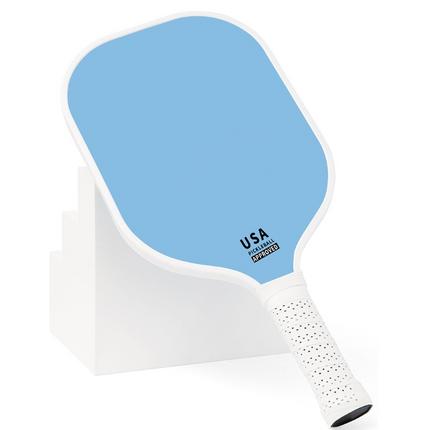 Light blue pickleball paddle with white textured grip, USA Pickleball-approved face