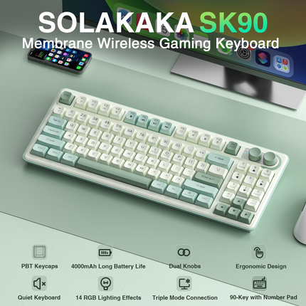 SOLAKAKA compact wireless keyboard with independent number pad in green and white, angled view