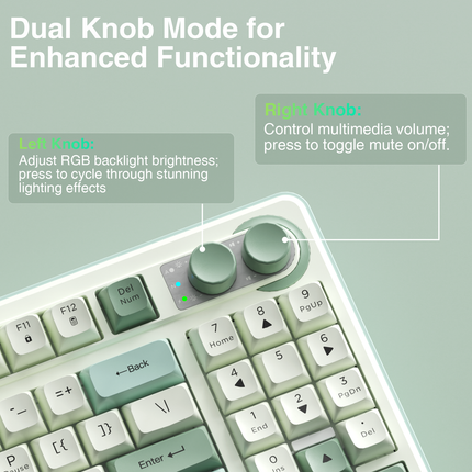 SOLAKAKA keyboard close-up with two control knobs and green/white keycaps