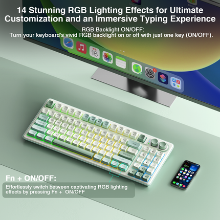 SOLAKAKA keyboard with green/white keycaps and RGB backlighting, compact layout