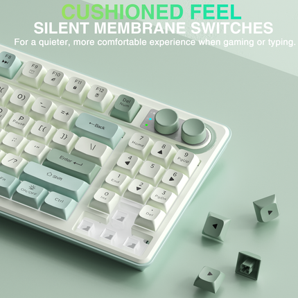SOLAKAKA keyboard close-up of silent membrane keys with green and white keycaps