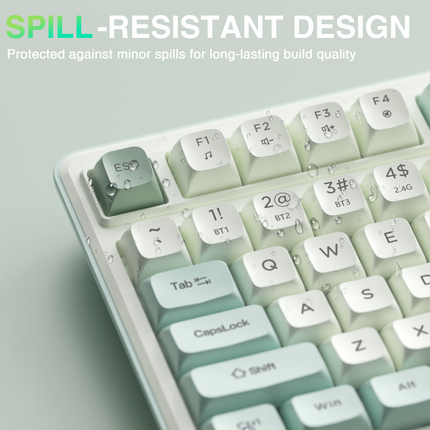 SOLAKAKA keyboard close-up with green/white keys and spill-resistant design details