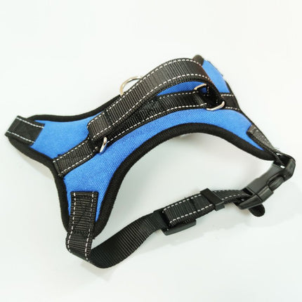 Dog cloth harness vest with black webbing, blue fabric, front D-ring and chest adjustment