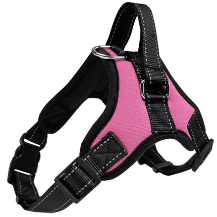 Dog cloth harness vest with black straps, pink panel, front D-ring and chest adjustment buckle