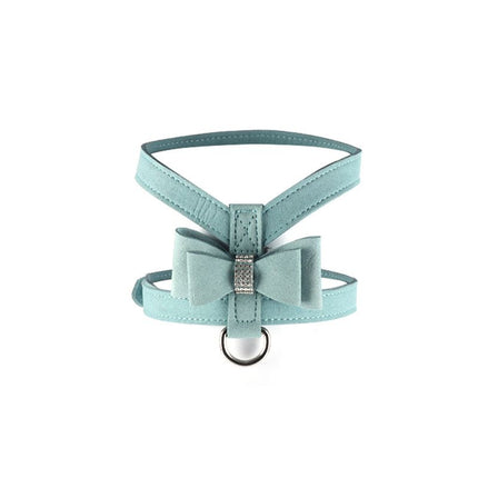 Small breathable dog harness with bow, teal blue webbing and front D-ring