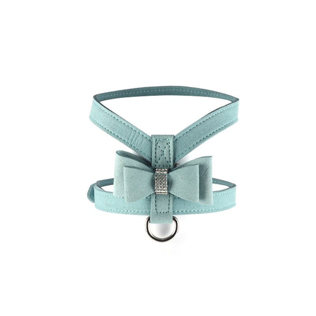 Small breathable dog harness with bow, teal blue webbing and front D-ring