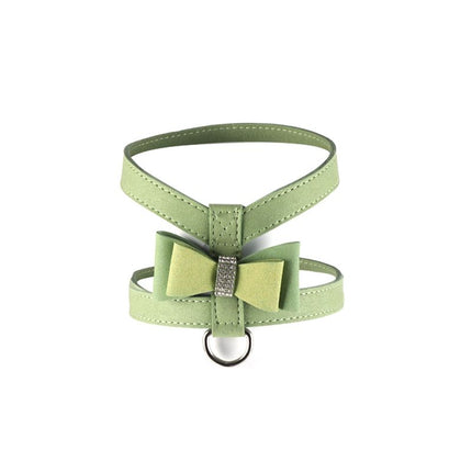 Small green breathable dog harness with bow front and metal D-ring