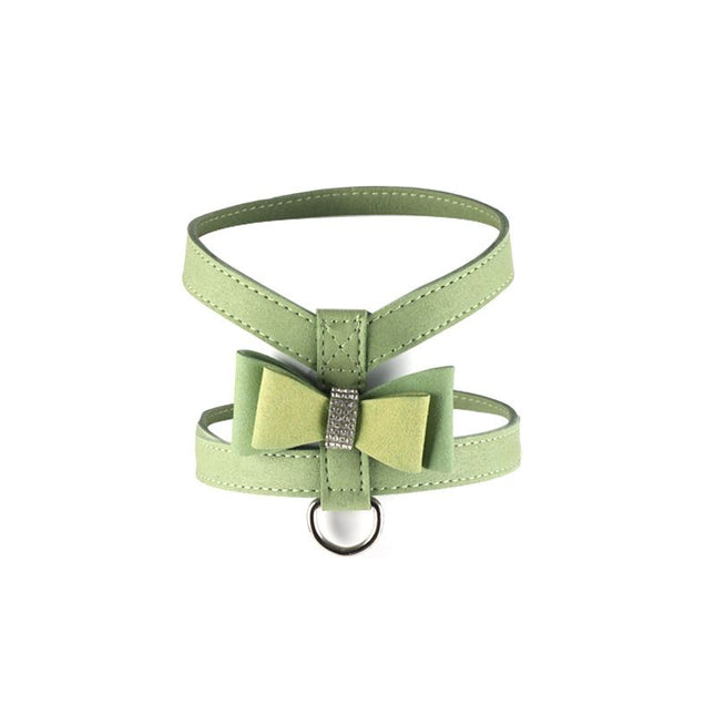 Small green breathable dog harness with bow front and metal D-ring