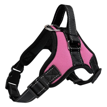 Dog vest harness with pink front panel, black webbing straps, front buckle and D-ring