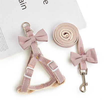 Nylon houndstooth pet harness and leash set, pink check with bow and metal clasp