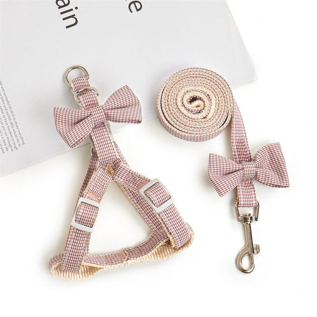 Nylon houndstooth pet harness and leash set, pink check with bow and metal clasp