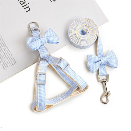 Nylon houndstooth pet harness and leash set, light blue check with bow and clasp