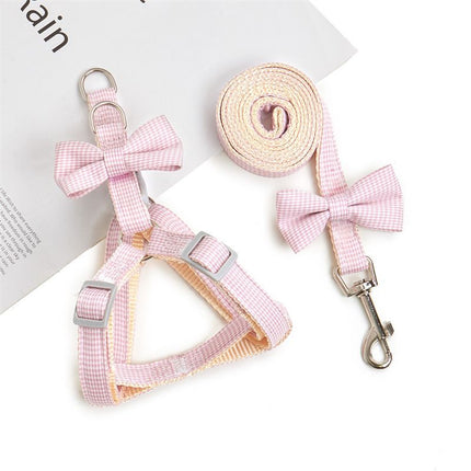 Pink gingham pet harness and leash set with bow and metal clasp