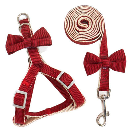 Red gingham pet harness and leash set with bow and metal hook