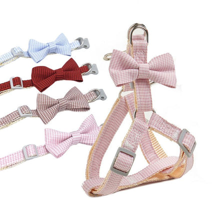 Pet harness and leash set with pink bow and check-pattern straps