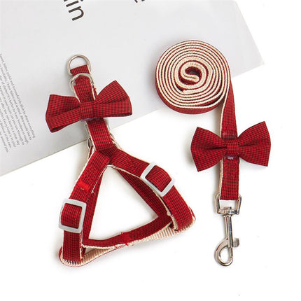 Red gingham pet harness and leash set with bow and coiled leash