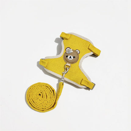 Adjustable bear chest harness in yellow with bear patch, metal clasp, rolled leash strap