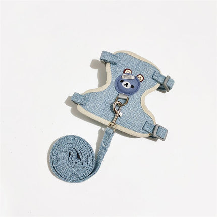 Blue bear chest harness with stitched bear face patch and adjustable straps with buckle