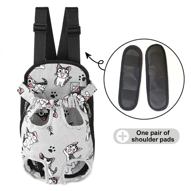 White cartoon-pattern front chest pet backpack with black straps and breathable side mesh