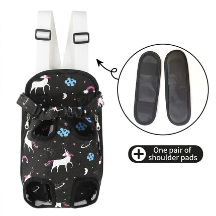 Black front chest pet backpack with paw print pattern, white straps, and padded shoulders