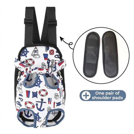 White nautical icon pet front chest backpack with two shoulder pads shown in inset detail