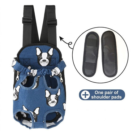 Blue dog print pet front chest backpack with two shoulder pads shown in inset detail
