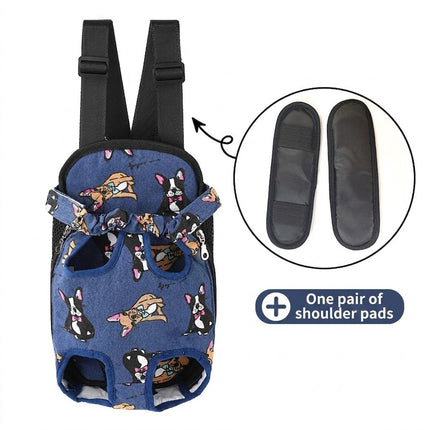 Grey front chest pet backpack with black straps and breathable mesh side openings